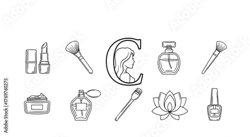 A collection of beauty and cosmetic icons in a minimalist white outline style on a black background, featuring lipsticks, makeup brushes, perfume bottles, a jar of cream, a lotus flower, nail polish