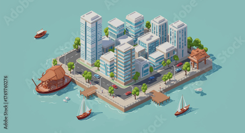Low-Poly Isometric City Island View with Modern Buildings, Roads, Greenery, and Traditional Boats in a Serene Coastal Urban Landscape