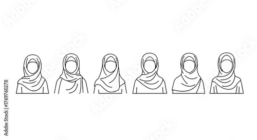 A minimalist line art illustration featuring a row of six diverse women wearing hijabs, presented in a clean white outline against a stark black background, symbolizing unity and cultural