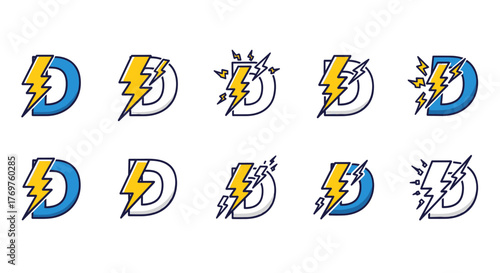 Collection of ten stylized letter D logos, each featuring a vibrant yellow lightning bolt integrated within or striking the blue and white letterform, symbolizing power, energy, and dynamism. These