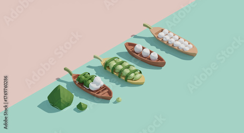 A delightful arrangement of traditional Japanese mochi desserts, featuring green tea and red bean paste, presented in small wooden boats on a pastel background, representing culinary art and sweetness