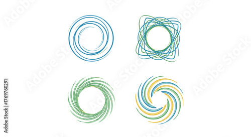 Abstract swirling vortex graphics in blue, green, and yellow, set against a black background, representing motion, energy, and dynamic flow. These circular and square-like designs evoke a sense of