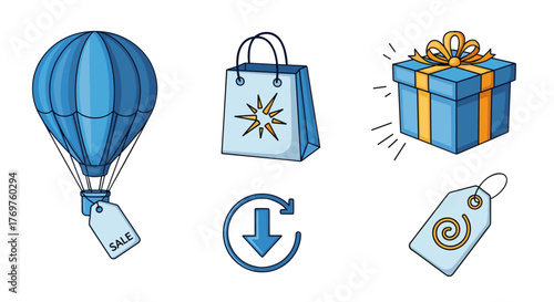Collection of blue shopping icons including a hot air balloon with a sale tag, a shopping bag with a starburst, a gift box with a ribbon, a download arrow icon, and a price tag with a spiral design
