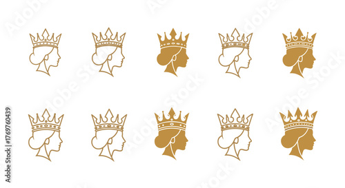 Collection of elegant golden queen silhouettes wearing ornate crowns, displayed in a repeating pattern against a stark black background, symbolizing royalty, power, and luxury in a sophisticated