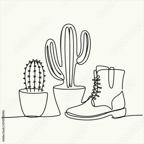 Continuous one line drawing of a boot and desert cactus plants. Modern minimalist vector art still life illustration