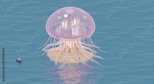 Futuristic translucent jellyfish-inspired floating city concept, a captivating 3D render showcasing innovative marine architecture on a tranquil ocean, symbolizing sustainable living