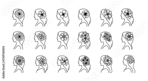A striking visual representation of diverse thought processes and cognitive patterns, depicted as intricate, blooming floral designs within the silhouettes of human heads, symbolizing creativity