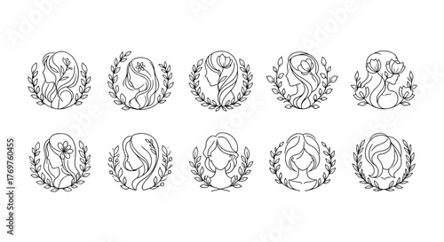 Collection of ten elegant line art icons featuring diverse female profiles adorned with floral elements and laurel wreaths, symbolizing beauty, nature, and empowerment, perfect for branding and