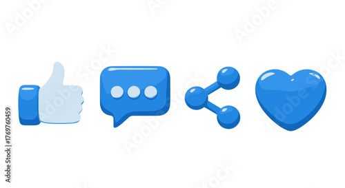 A vibrant 3D illustration featuring four iconic social media icons: a white thumbs-up, a blue speech bubble with three dots, a blue share icon, and a blue heart, all set against a stark black