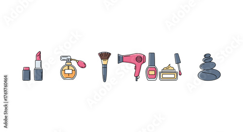 A vibrant collection of flat design icons representing beauty and self-care essentials, including lipstick, perfume bottle, makeup brush, hairdryer, nail polish, cream jar, and stacked spa stones