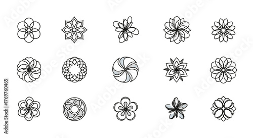 A collection of fifteen intricate, geometric, and floral-inspired abstract ornamental designs rendered in a clean, white line art style against a stark black background, showcasing symmetry and