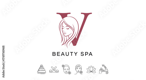 Elegant V letter logo with a stylized woman's profile and spa icons, representing beauty, wellness, and relaxation. Perfect for a high-end salon, cosmetic brand, or therapeutic service, conveying