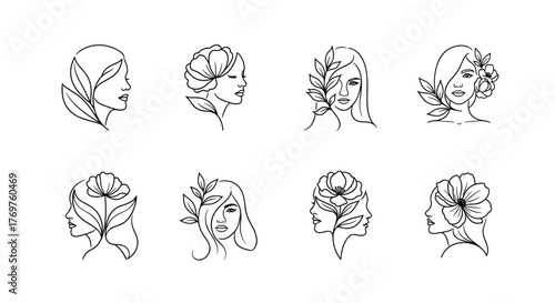 Collection of eight minimalist line art illustrations of female profiles adorned with botanical elements like leaves and flowers, presented in a clean white outline against a stark black background