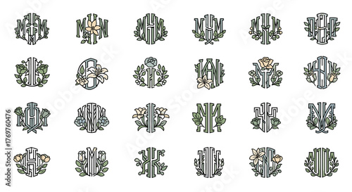 Collection of 24 Art Deco Monogram Emblems Featuring Initials and Floral Accents, Elegant Vintage Style Graphic Resources for Branding and Design Projects, Isolated on Black Background