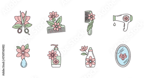 Set of eight charming, minimalist icons representing beauty and hair care, featuring delicate pink flowers and soft green leaves, including scissors, combs, a hairdryer, a water droplet, lotion
