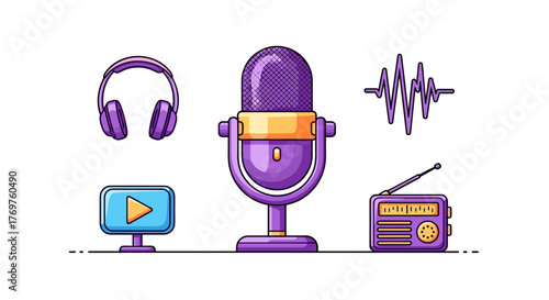 Vibrant purple vector illustration of podcasting and broadcasting equipment, including a retro microphone, headphones, a vintage radio, a waveform, and a play button on a screen, set against a black