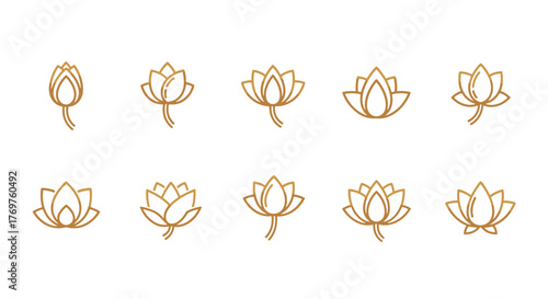 Collection of ten elegant golden lotus flower icons, presented in a clean, minimalist line art style against a stark black background, showcasing various stages of bloom and petal arrangements