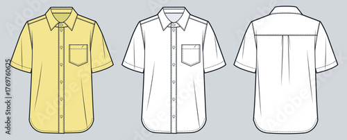 Short Sleeve Button-Up Shirt with Chest Pocket Fashion Flat Sketch. Collared Shirt fashion flat technical drawing template, front and back view, white, yellow, women, men, unisex CAD mockup.
