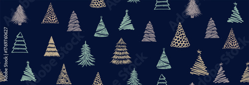 Christmas tree white on blue, hand drawn illustrations.	