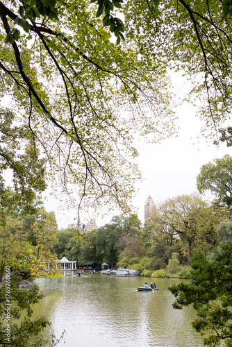 Rowboat on Central Park Lake under Autumn Foliage
