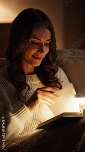 Woman reading book indoors illuminated by soft lamp light