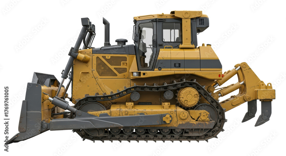 Obraz premium Heavy duty yellow bulldozer with ripper attachment on transparent background