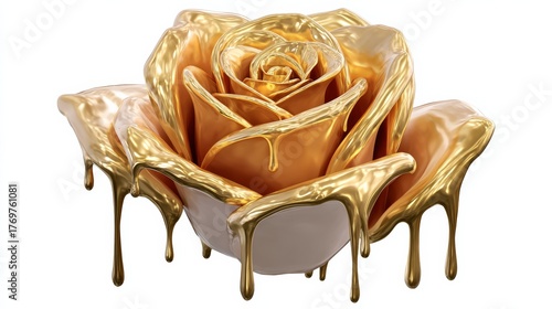 Fototapeta Naklejka Na Ścianę i Meble -  Golden rose sculpture with dripping liquid gold effect, showcasing intricate petal details and a glossy finish, symbolizing beauty and luxury in a captivating artistic representation