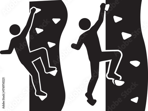 Two climbers ascending a rock wall in a striking silhouette design