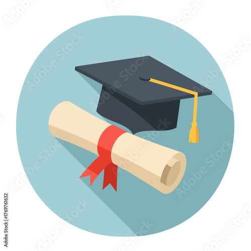 Graduation Cap and Diploma Scroll Symbolizing Academic Achievement on a Blue Circle Background