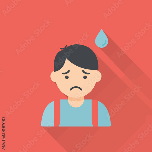 Unhappy Young Boy with a Tear Drop Symbolizing Sadness on a Red Background