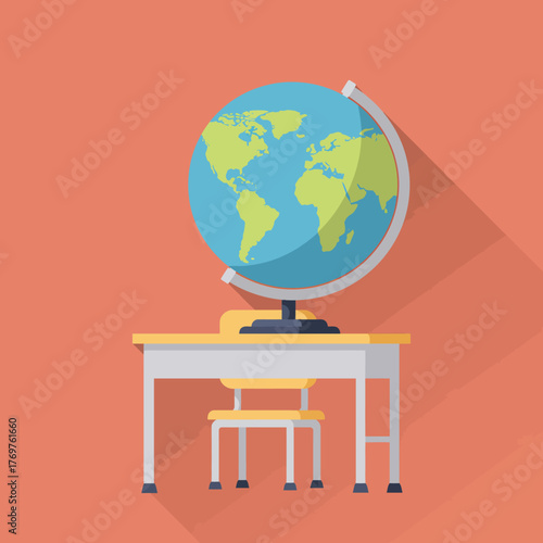 Educational Classroom Desk with a Globe on a Bright Red Background