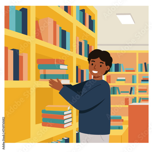 Young Man Joyfully Arranging Books on a Shelf in a Vibrant Library Setting