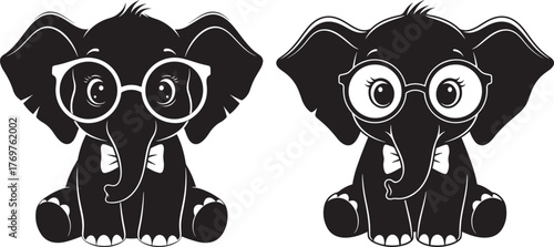 Two adorable cartoon elephants wearing glasses and bow ties silhouette