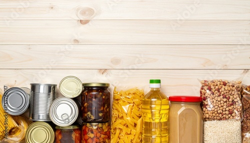 Essential Non-Perishable Food Supply Stacked on Light Wood Background for Emergency Preparedness and Donation