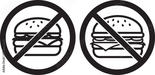 Two burger icons with red cross symbol indicating no fast food allowed silhouette