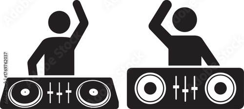 Two djs with arms raised in celebration behind turntables silhouette