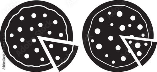 Two sliced pizzas displayed side by side as a simple black and white silhouette