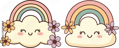 Cute boho rainbows with smiling clouds and flowers silhouette
