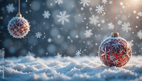 Frosted Christmas Ornaments Resting on Snowy Ground, Glittering Red Baubles in Winter Wonderland with Falling Snowflakes, Holiday Magic – Hanging Ornaments Glimmering in Soft Snowfall

