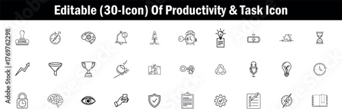 Collection of 30 editable line icons representing productivity and task management concepts