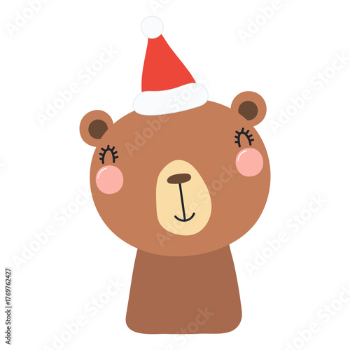 Bear in a Santa Claus hat isolated on transparent. Hand drawn flat vector illustration. Cute cartoon character. Traditional Christmas, New Year, seasonal design element, holiday clip art