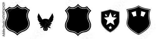 a collection of stylized shield and emblem designs in black and white. Illustration shield shape protection, black security and football badge
