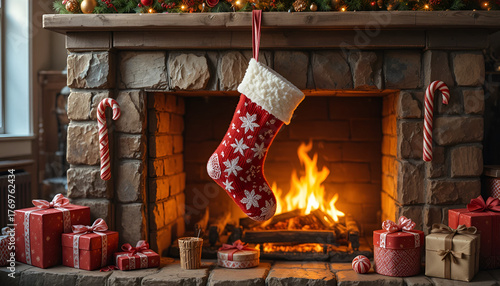 Cozy Christmas Stocking Hanging on Stone Fireplace, Festive Holiday Scene with Crackling Fire and Gifts, Warm Winter Hearth – Stocking, Candy Canes & Glowing Fire

