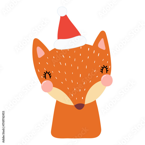 Fox in a Santa Claus hat isolated on transparent. Hand drawn flat vector illustration. Cute cartoon character. Traditional Christmas, New Year, seasonal design element, holiday clip art