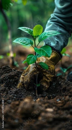 A gloved hand carefully plants a vibrant green seedling into rich, dark soil in a close-up shot, symbolizing growth, conservation, and sustainability in nature