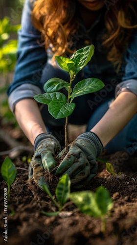 A person wearing protective gloves carefully plants a vibrant green sapling into rich, dark soil outdoors, symbolizing growth, sustainability, and dedication to the environment