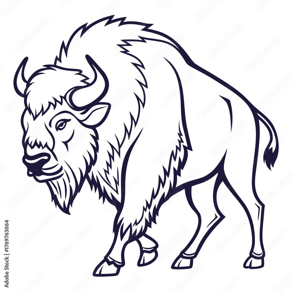 Fototapeta premium Line drawing of a bison with exaggerated features in a stylized design 