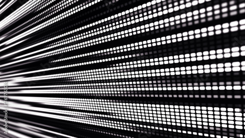 Digital flow. Dynamics of light and energy of pixels. The illustration shows a bright LED panel, where black and white stripes create the effect of movement and energy. Vector illustration.