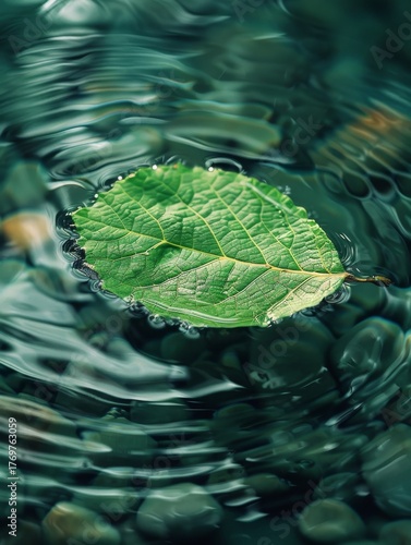 A vibrant green leaf floats on the surface of rippling, dark teal water, creating delicate concentric circles over smooth river pebbles, emphasizing natural peace and tranquility