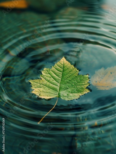 A close-up view of a vibrant green leaf floating peacefully on dark, rippling water, covered in small water droplets, creating circular waves across the surface